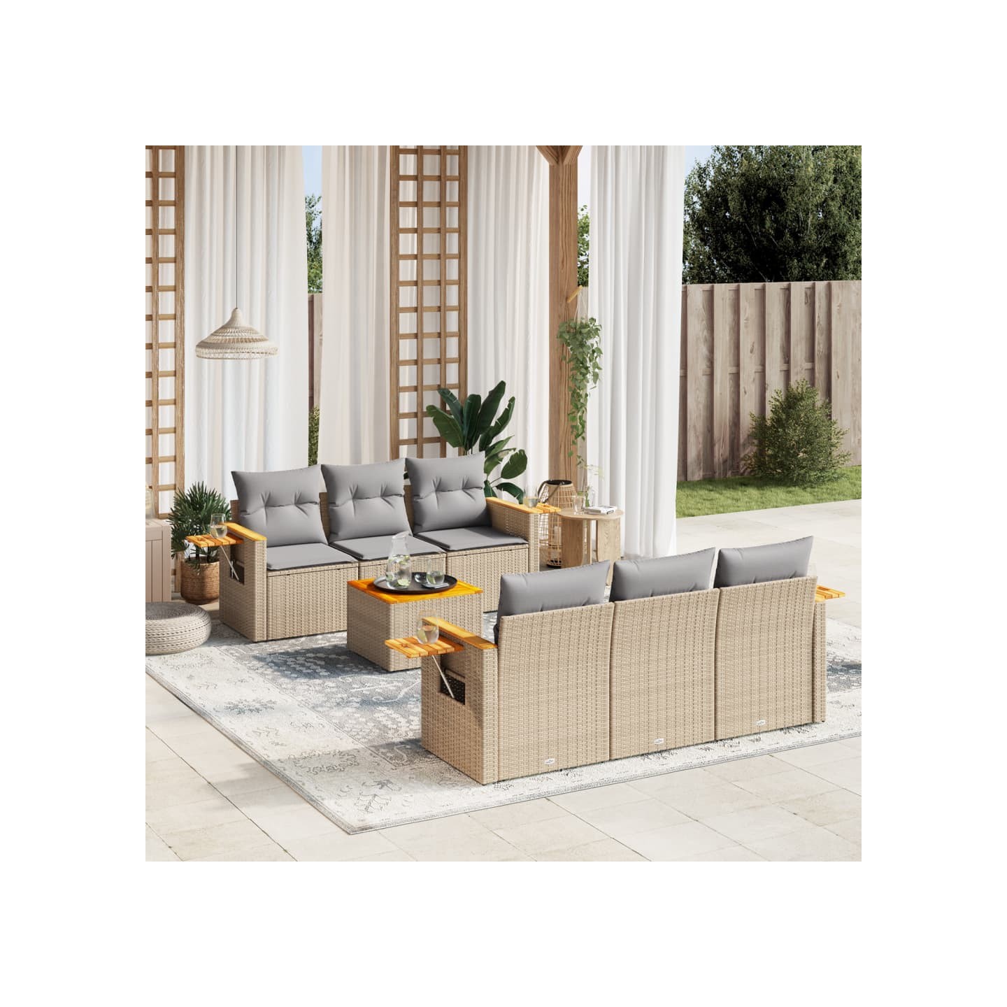 Salon de jardin avec coussins 7 pcs beige résine tressée