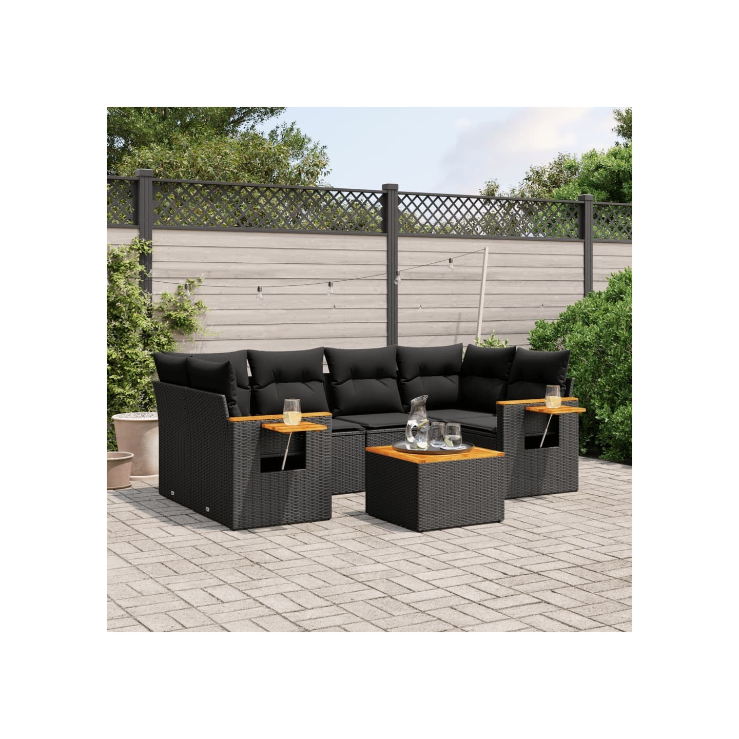 Salon de jardin 7 pcs avec coussins noir résine tressée
