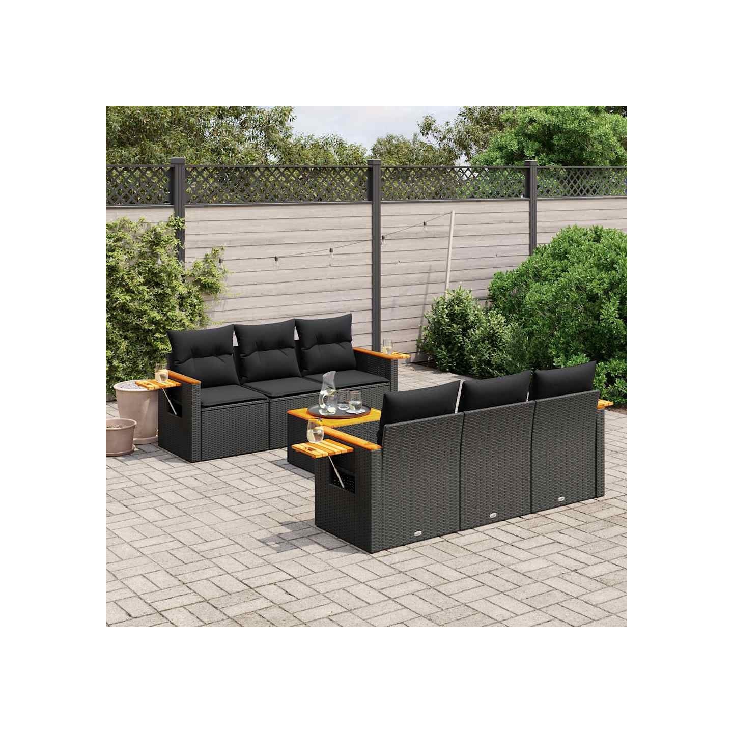 Salon de jardin 7 pcs avec coussins noir résine tressée