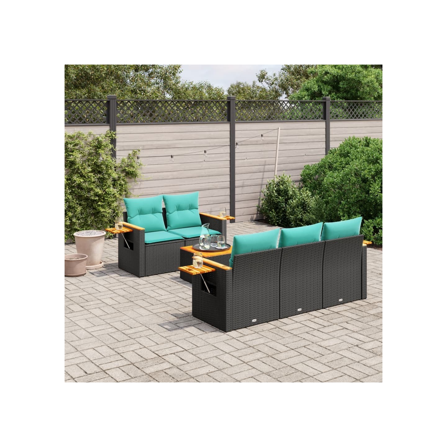 Salon de jardin 6 pcs avec coussins noir résine tressée
