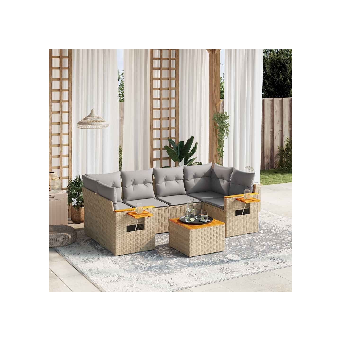 Salon de jardin avec coussins 7 pcs beige résine tressée