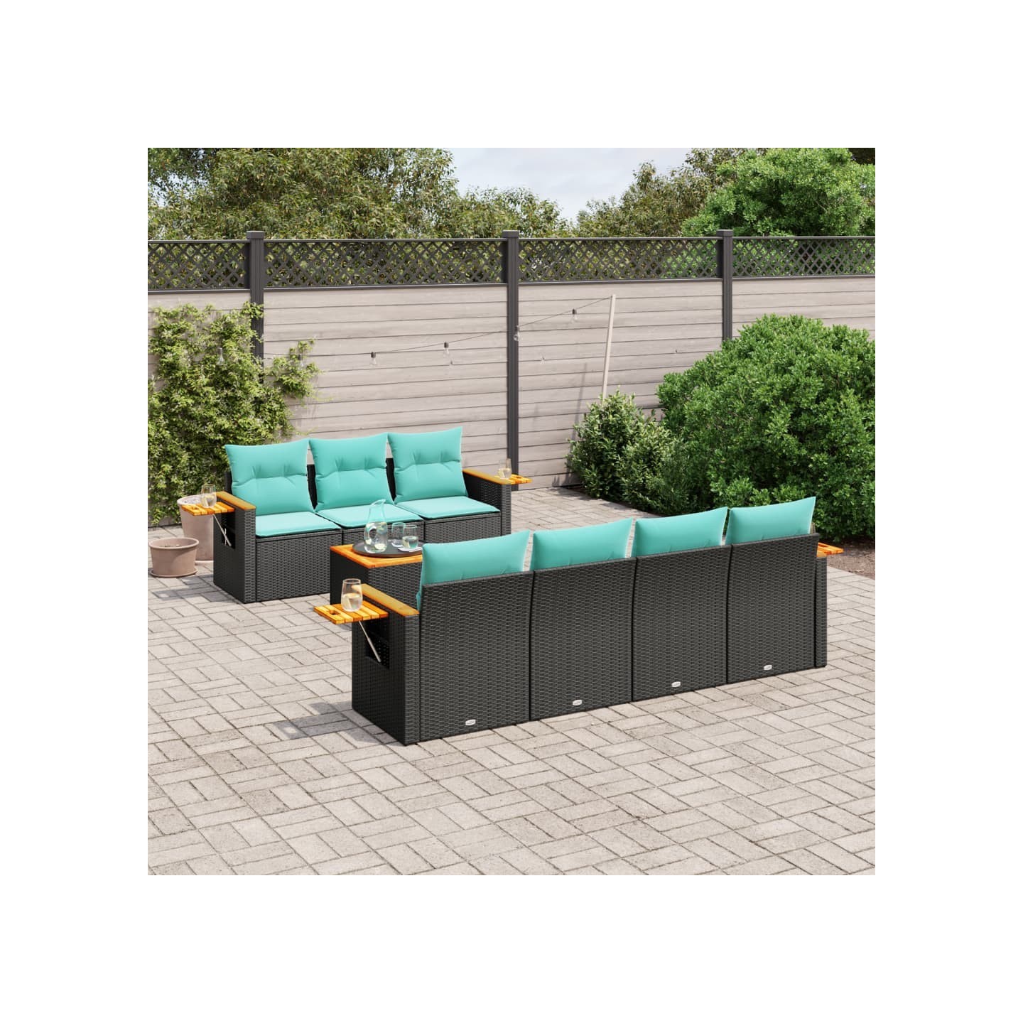 Salon de jardin 8 pcs avec coussins noir résine tressée