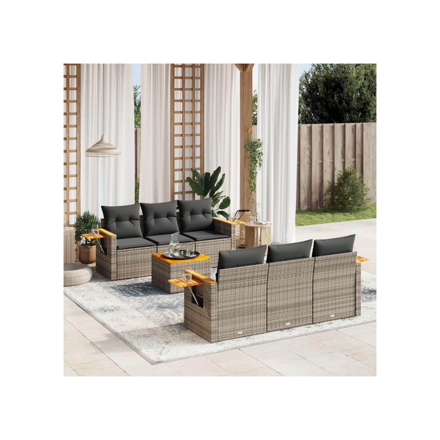 Salon de jardin avec coussins 7 pcs gris résine tressée