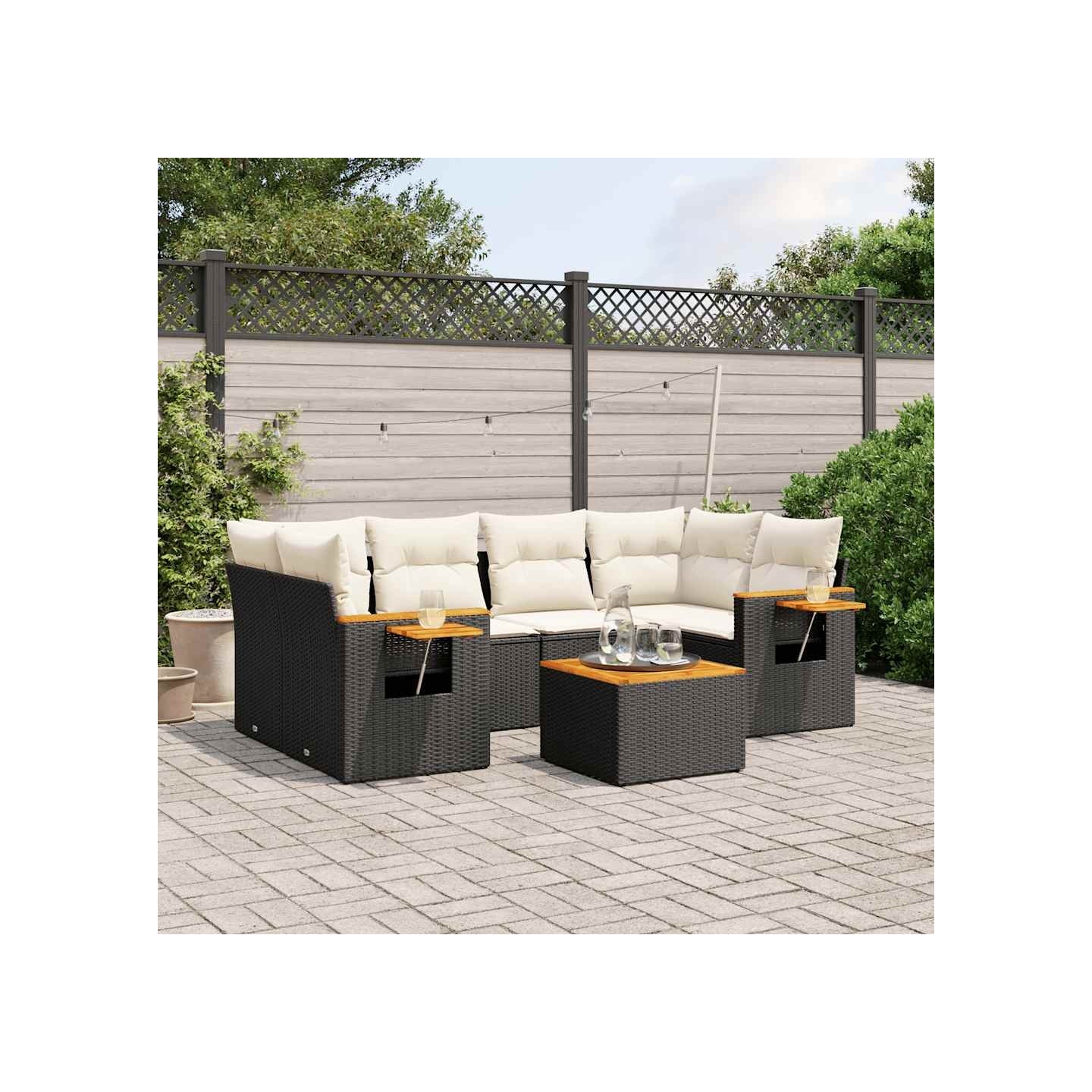Salon de jardin 7 pcs avec coussins noir résine tressée