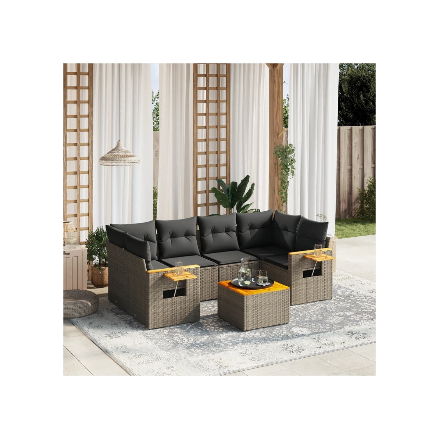 Salon de jardin avec coussins 7 pcs gris résine tressée