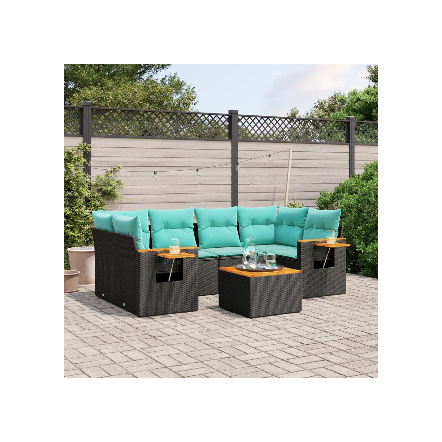 Salon de jardin 7 pcs avec coussins noir résine tressée