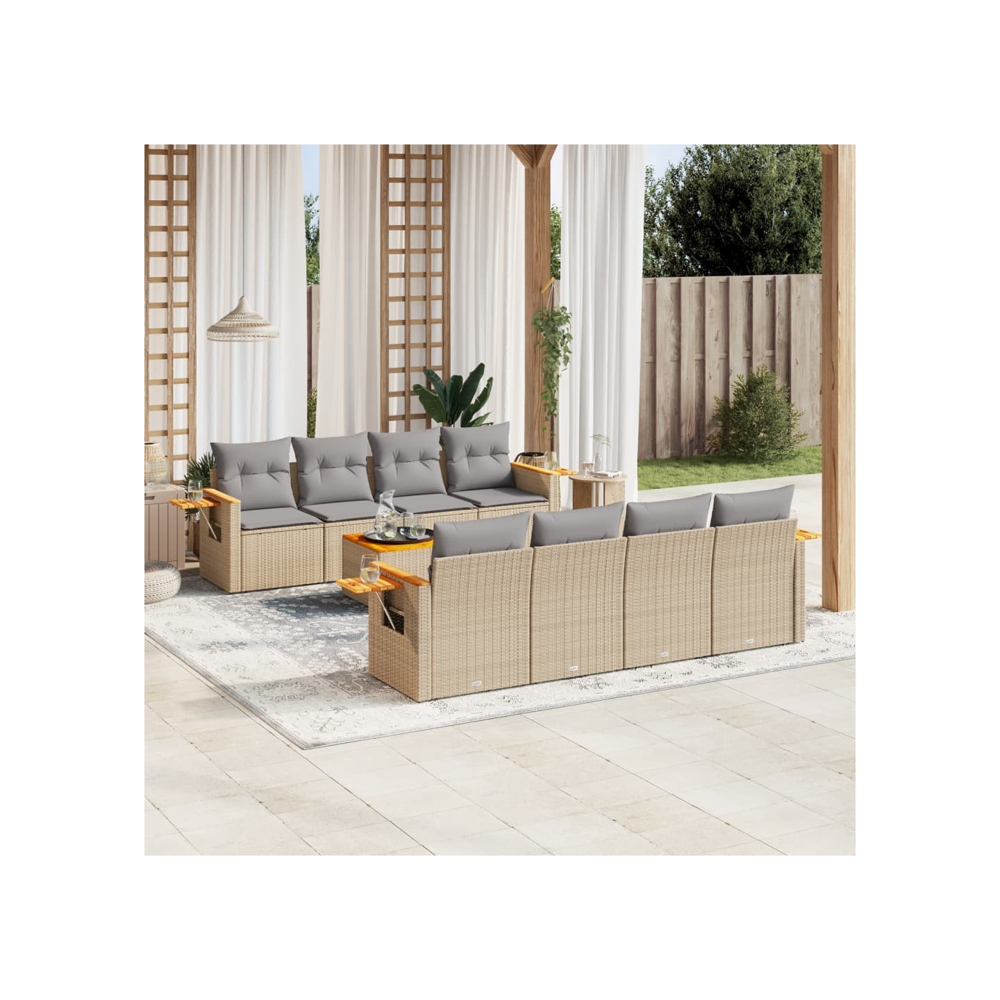 Salon de jardin avec coussins 9 pcs beige résine tressée
