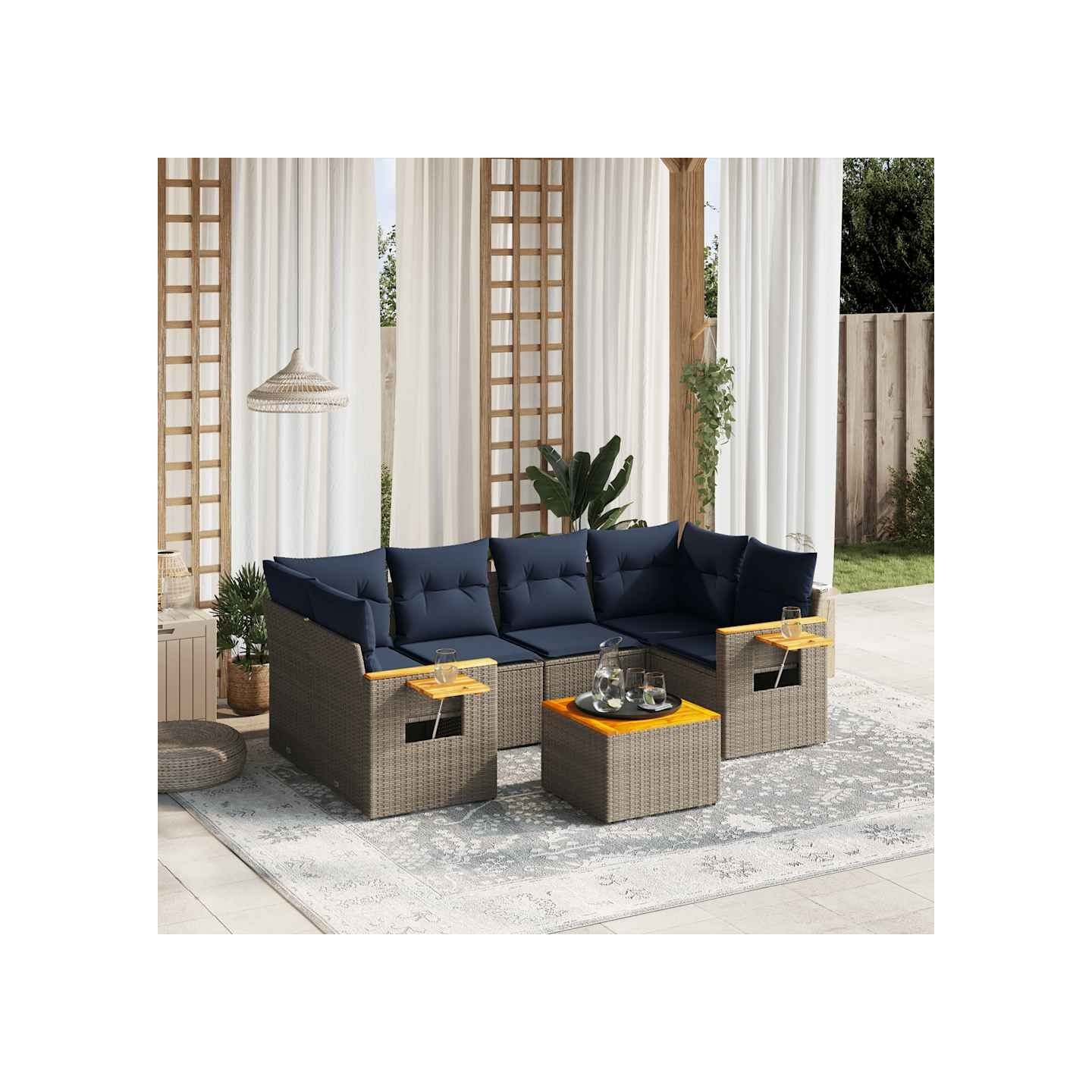 Salon de jardin 7 pcs avec coussins gris résine tressée