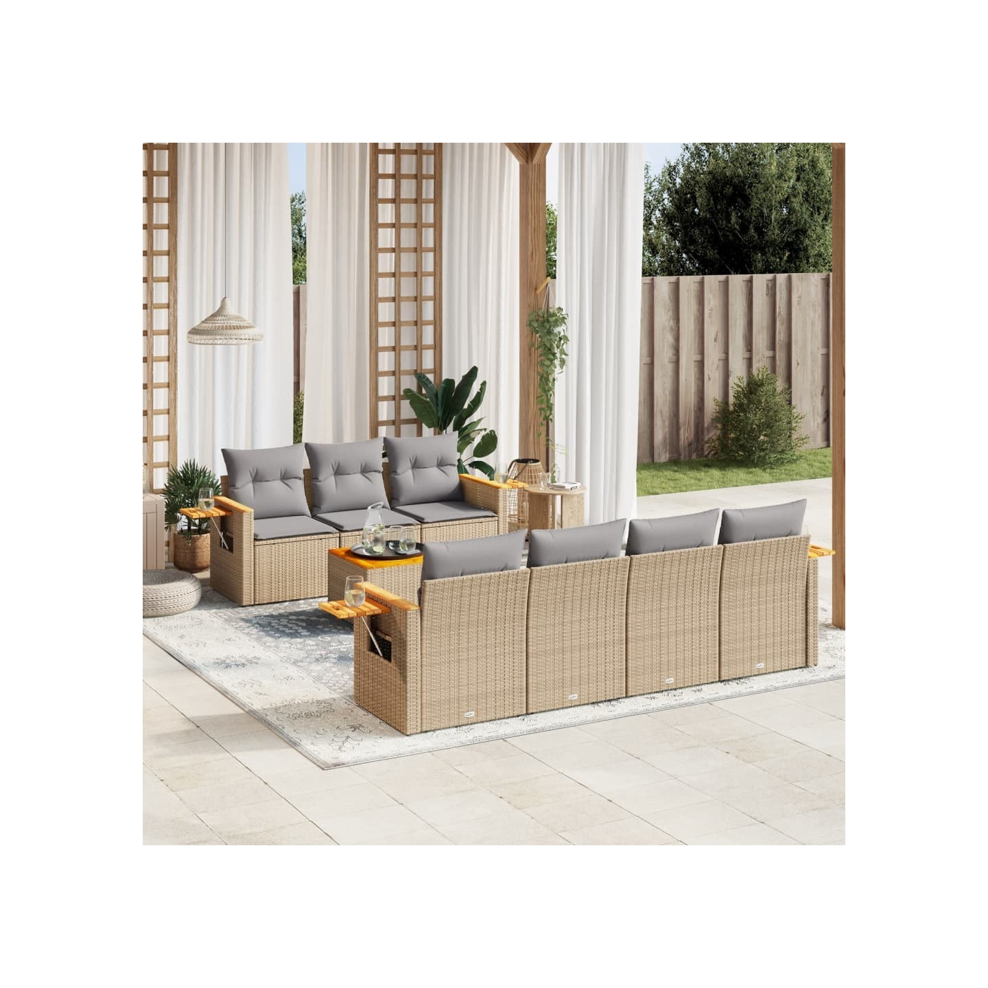 Salon de jardin avec coussins 8 pcs beige résine tressée