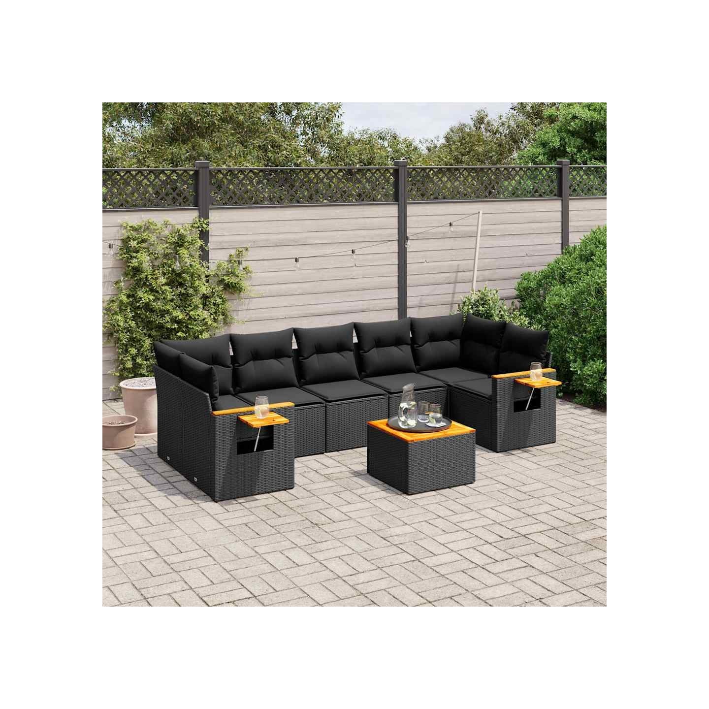 Salon de jardin 8 pcs avec coussins noir résine tressée