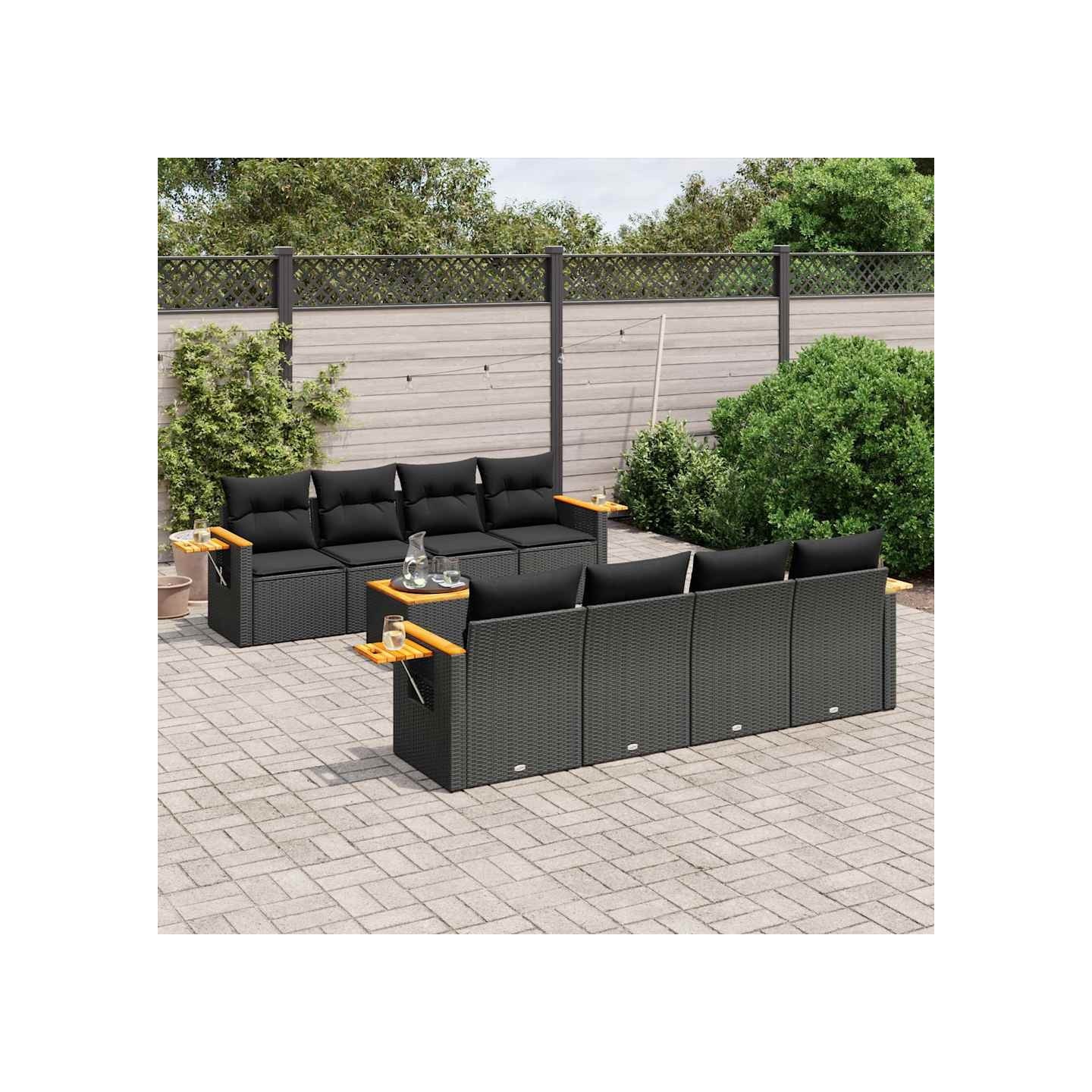 Salon de jardin 9 pcs avec coussins noir résine tressée