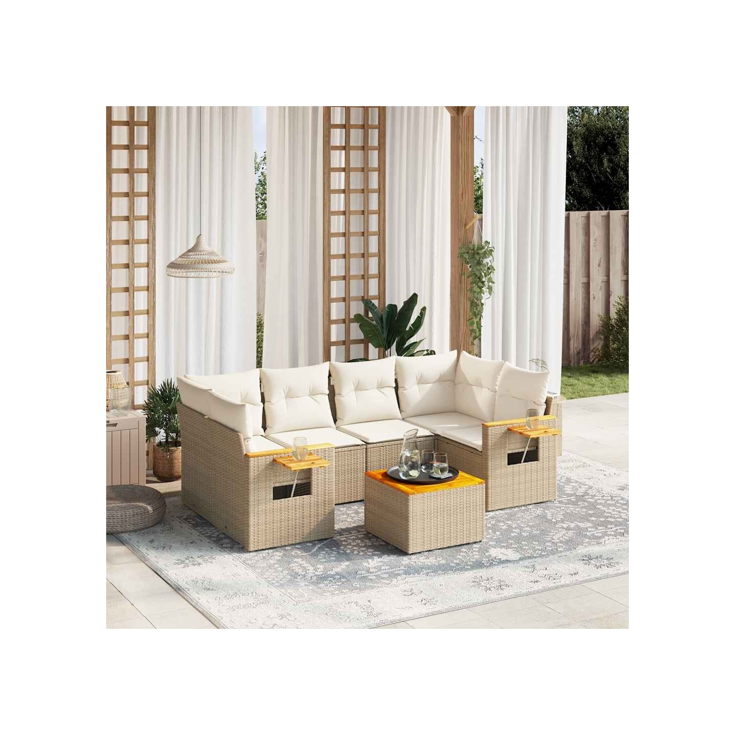 Salon de jardin avec coussins 7 pcs beige résine tressée