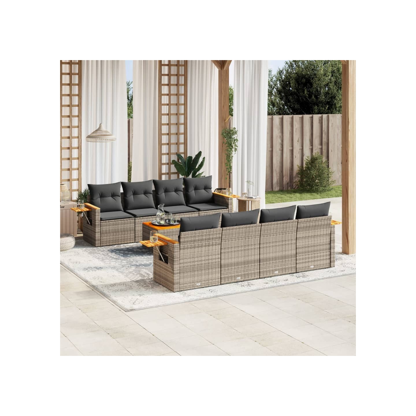 Salon de jardin 9 pcs avec coussins gris résine tressée