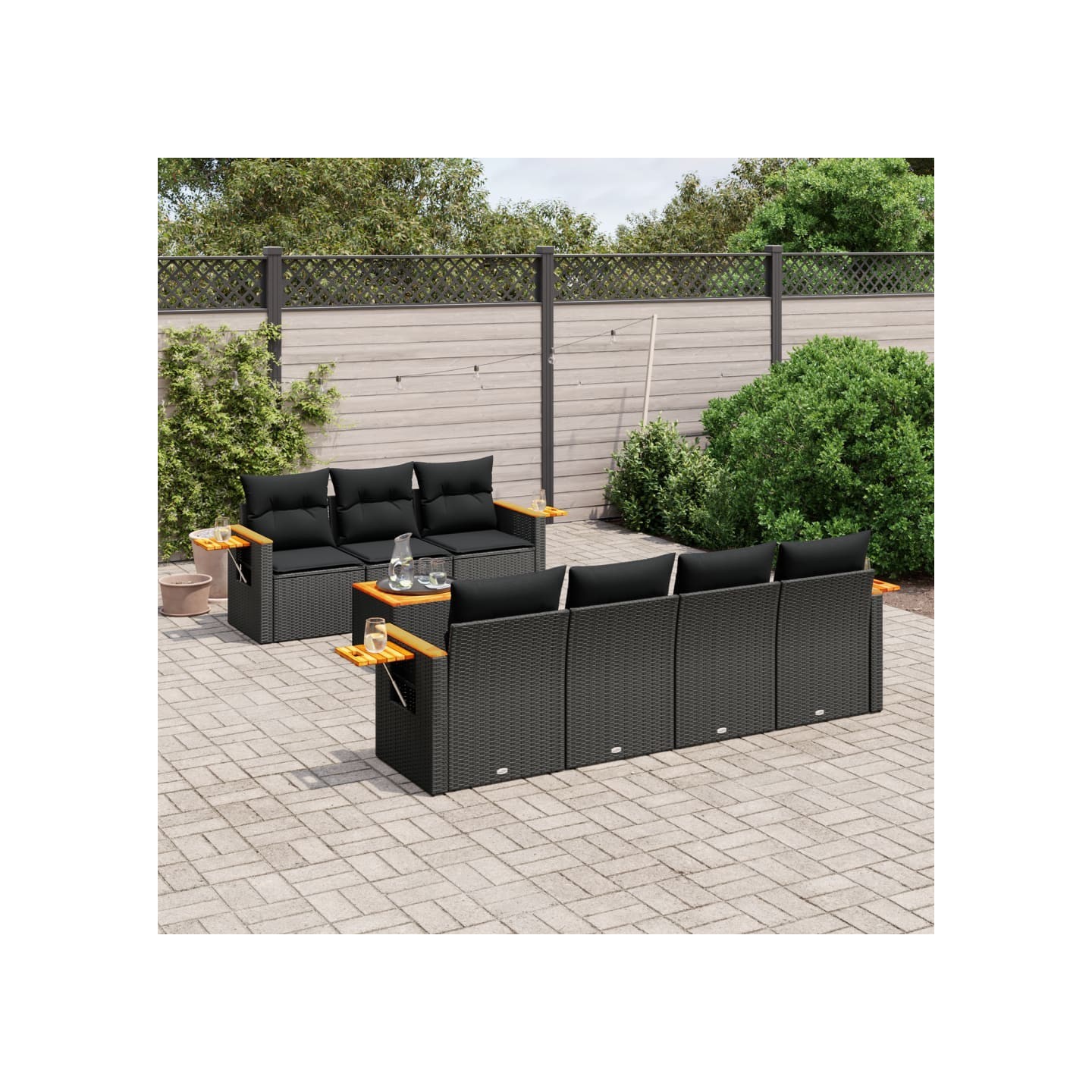 Salon de jardin 8 pcs avec coussins noir résine tressée