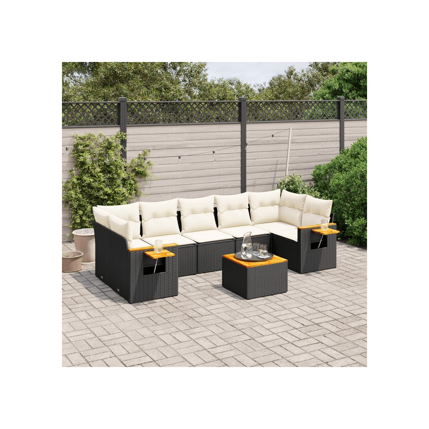Salon de jardin 8 pcs avec coussins noir résine tressée