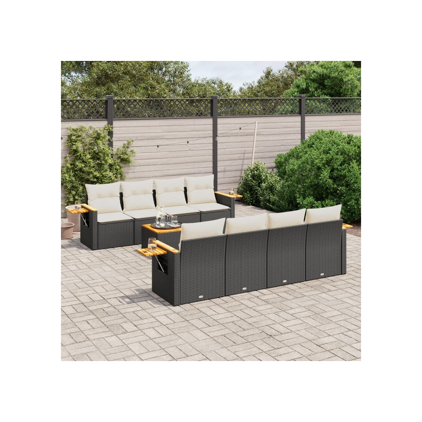 Salon de jardin 9 pcs avec coussins noir résine tressée