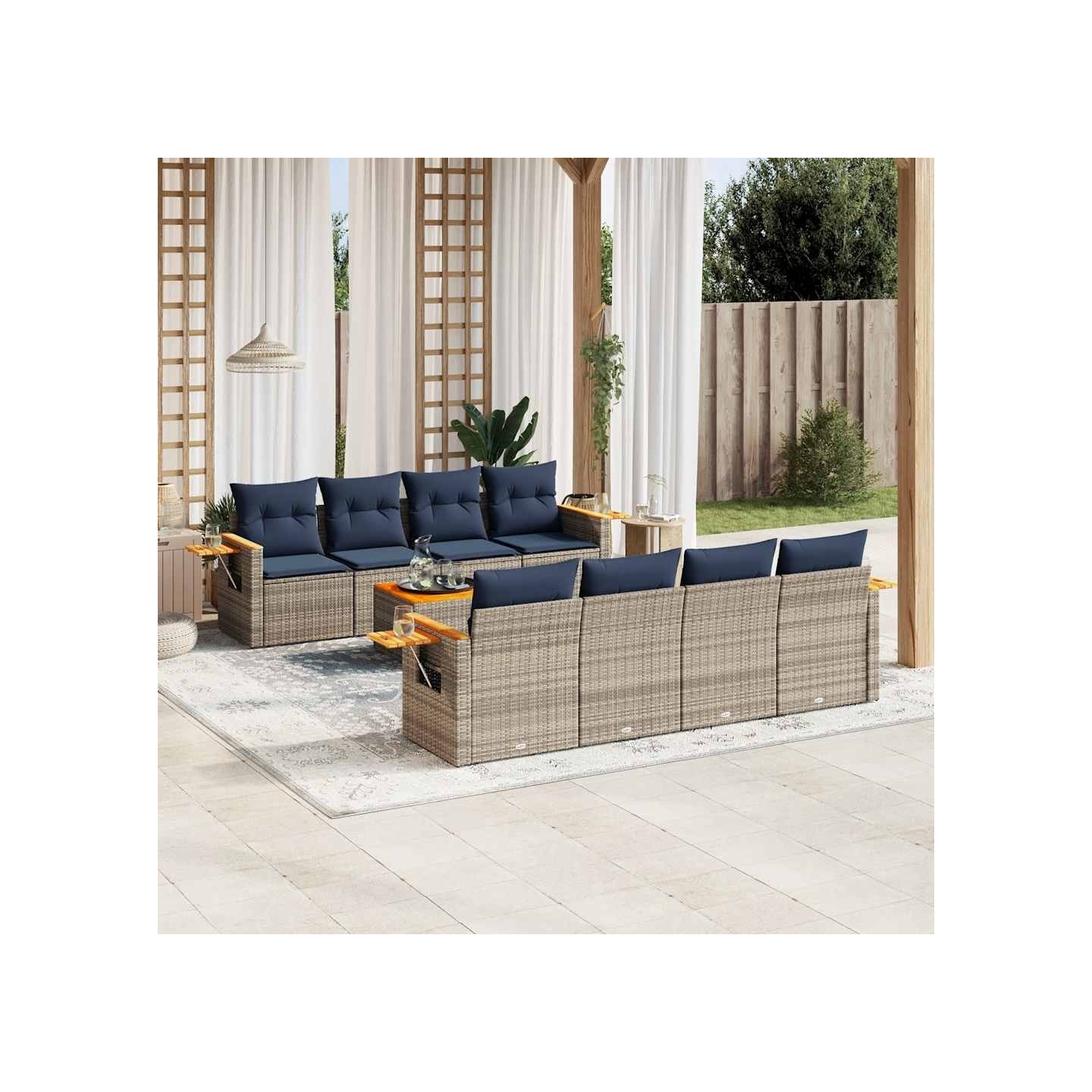 Salon de jardin 9 pcs avec coussins gris résine tressée