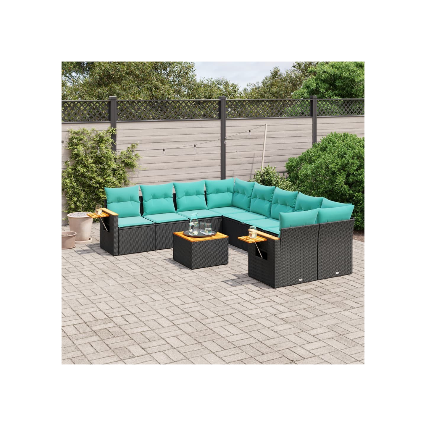 Salon de jardin 9 pcs avec coussins noir résine tressée