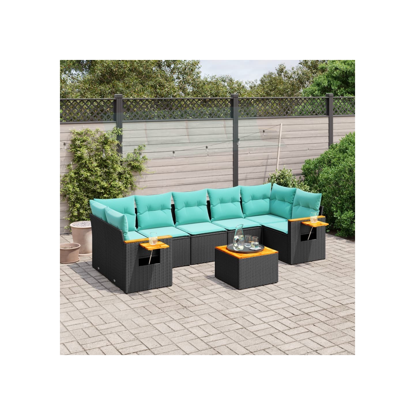 Salon de jardin 8 pcs avec coussins noir résine tressée