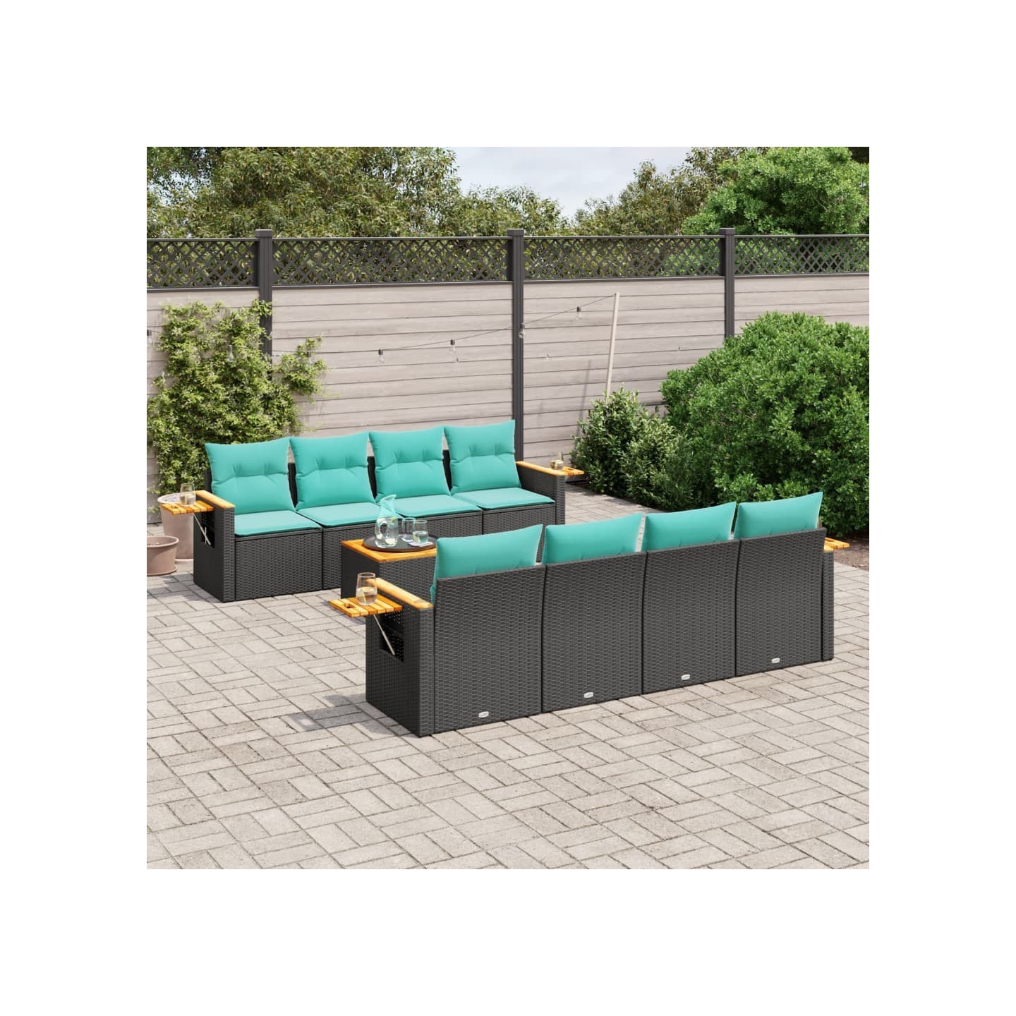 Salon de jardin 9 pcs avec coussins noir résine tressée
