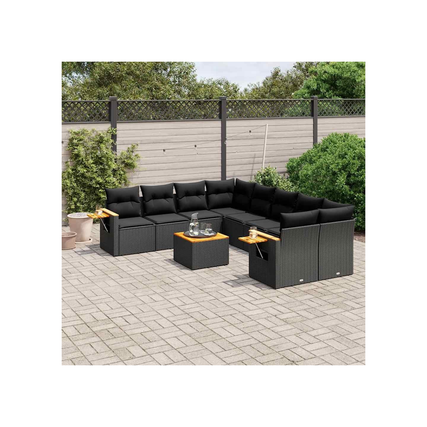Salon de jardin 9 pcs avec coussins noir résine tressée