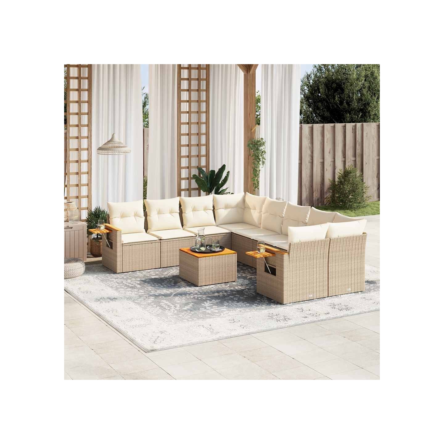 Salon de jardin avec coussins 9 pcs beige résine tressée