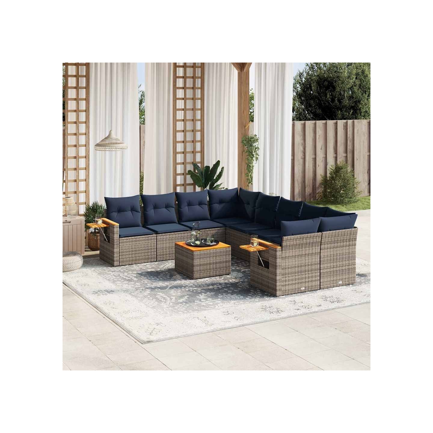 Salon de jardin 9 pcs avec coussins gris résine tressée