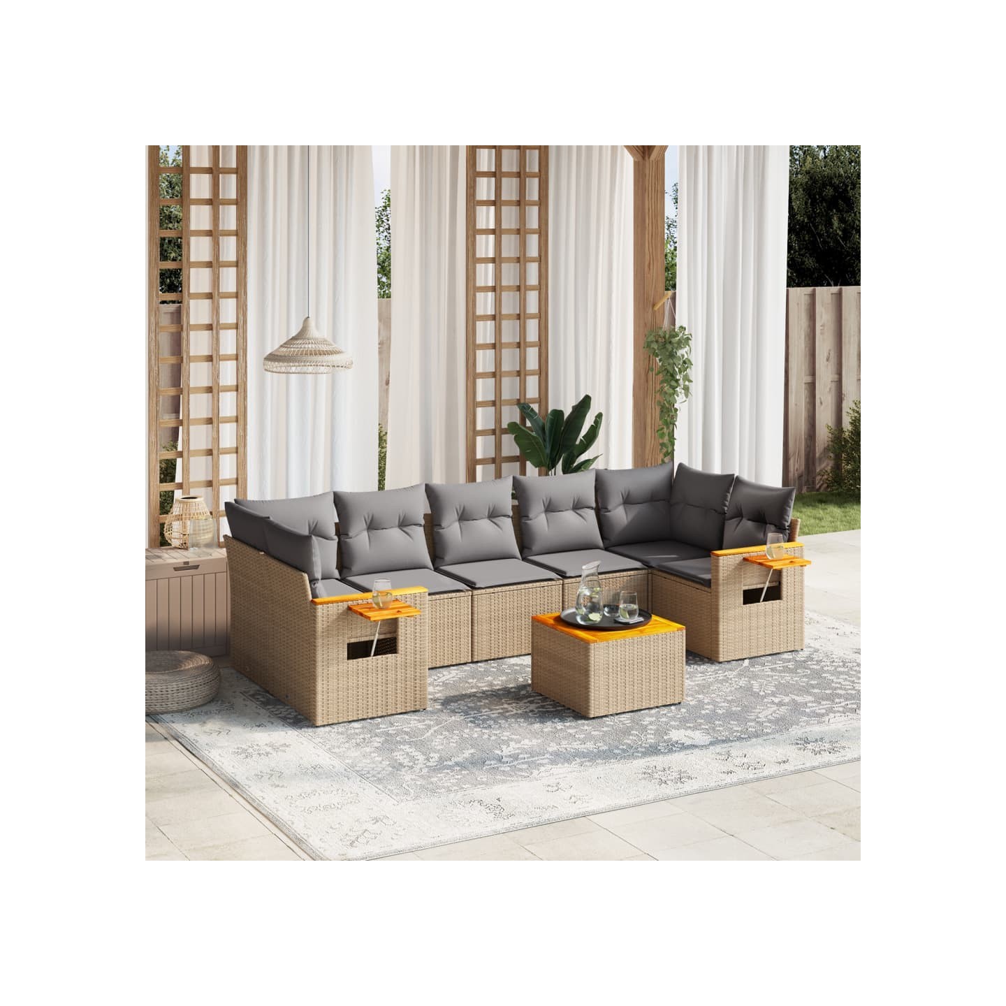 Salon de jardin avec coussins 8 pcs beige résine tressée