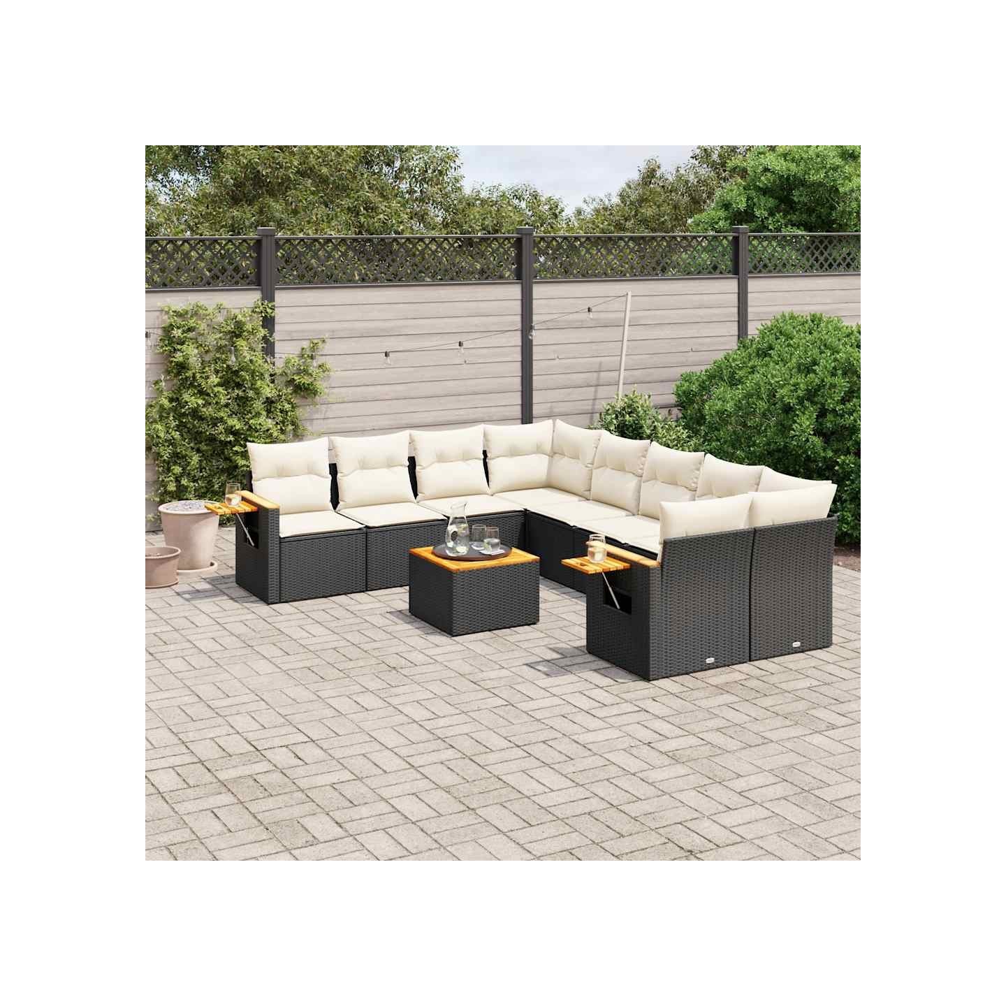Salon de jardin 9 pcs avec coussins noir résine tressée