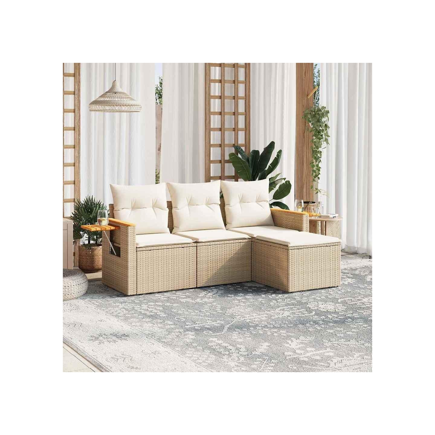 Salon de jardin avec coussins 4 pcs beige résine tressée