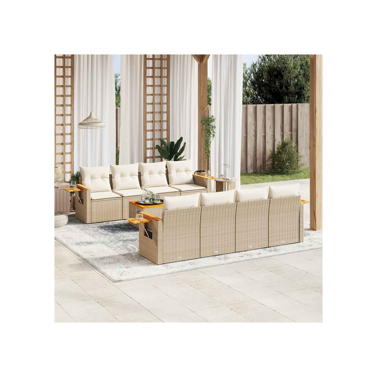 Salon de jardin avec coussins 9 pcs beige résine tressée