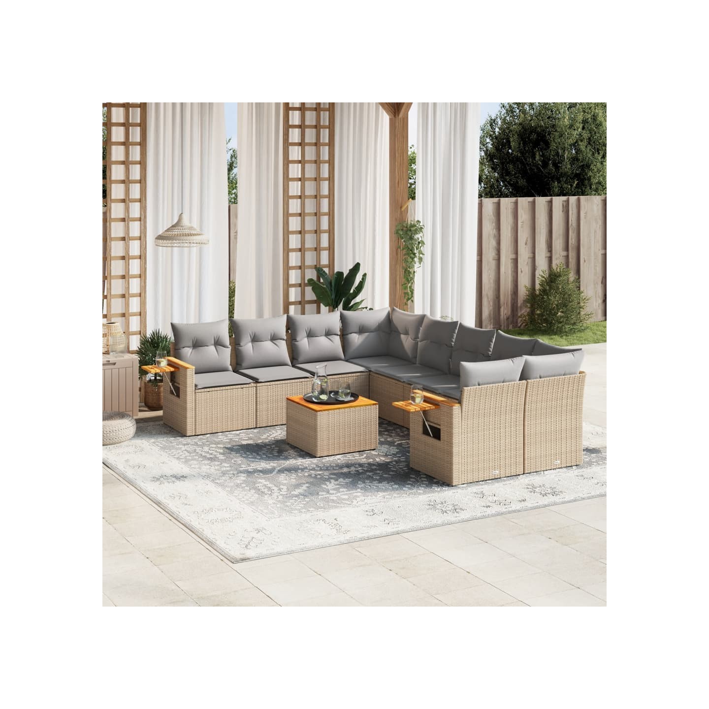 Salon de jardin avec coussins 9 pcs beige résine tressée