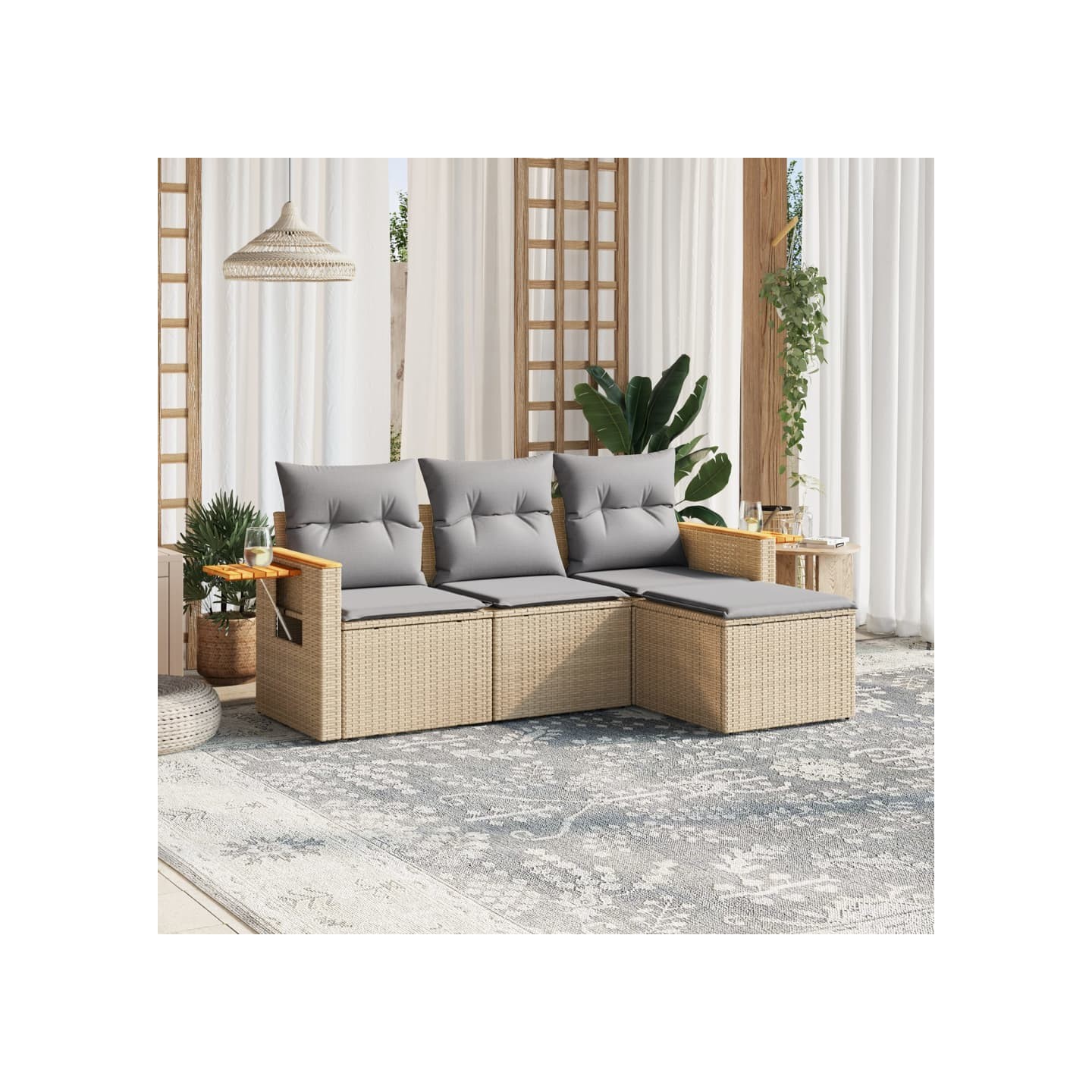 Salon de jardin avec coussins 4 pcs beige résine tressée