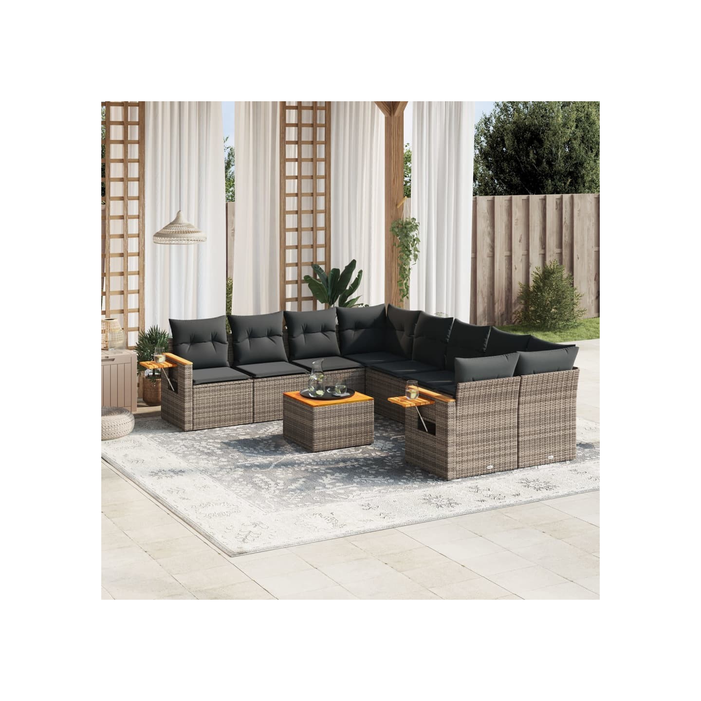 Salon de jardin 9 pcs avec coussins gris résine tressée