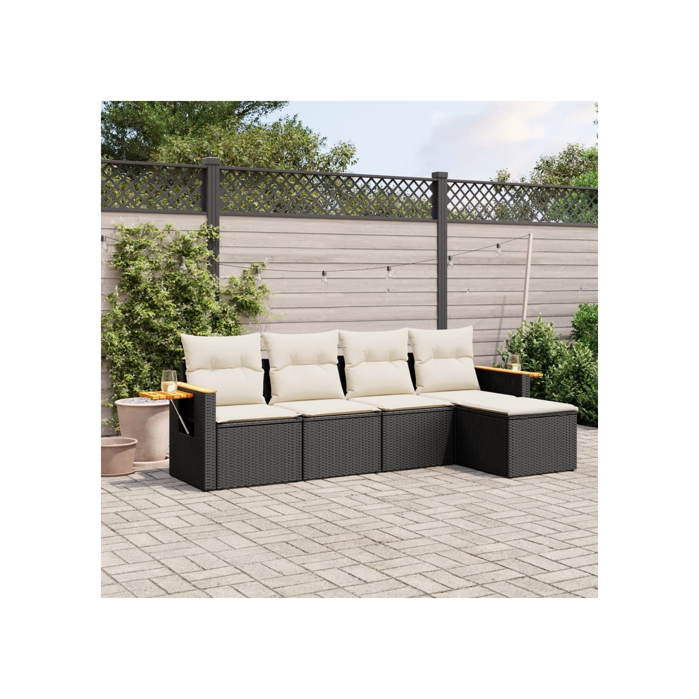 Salon de jardin 5 pcs avec coussins noir résine tressée
