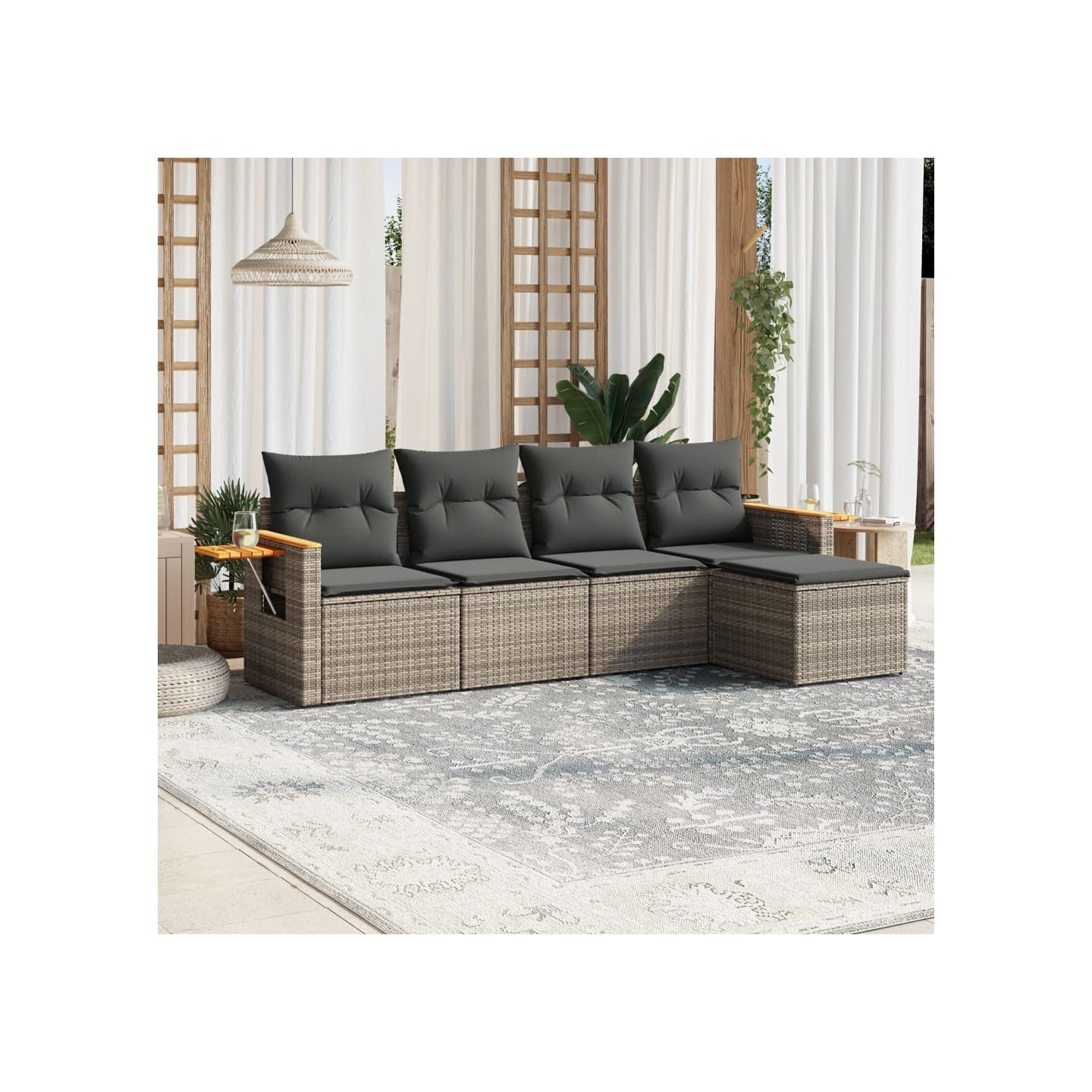 Salon de jardin 5 pcs avec coussins gris résine tressée