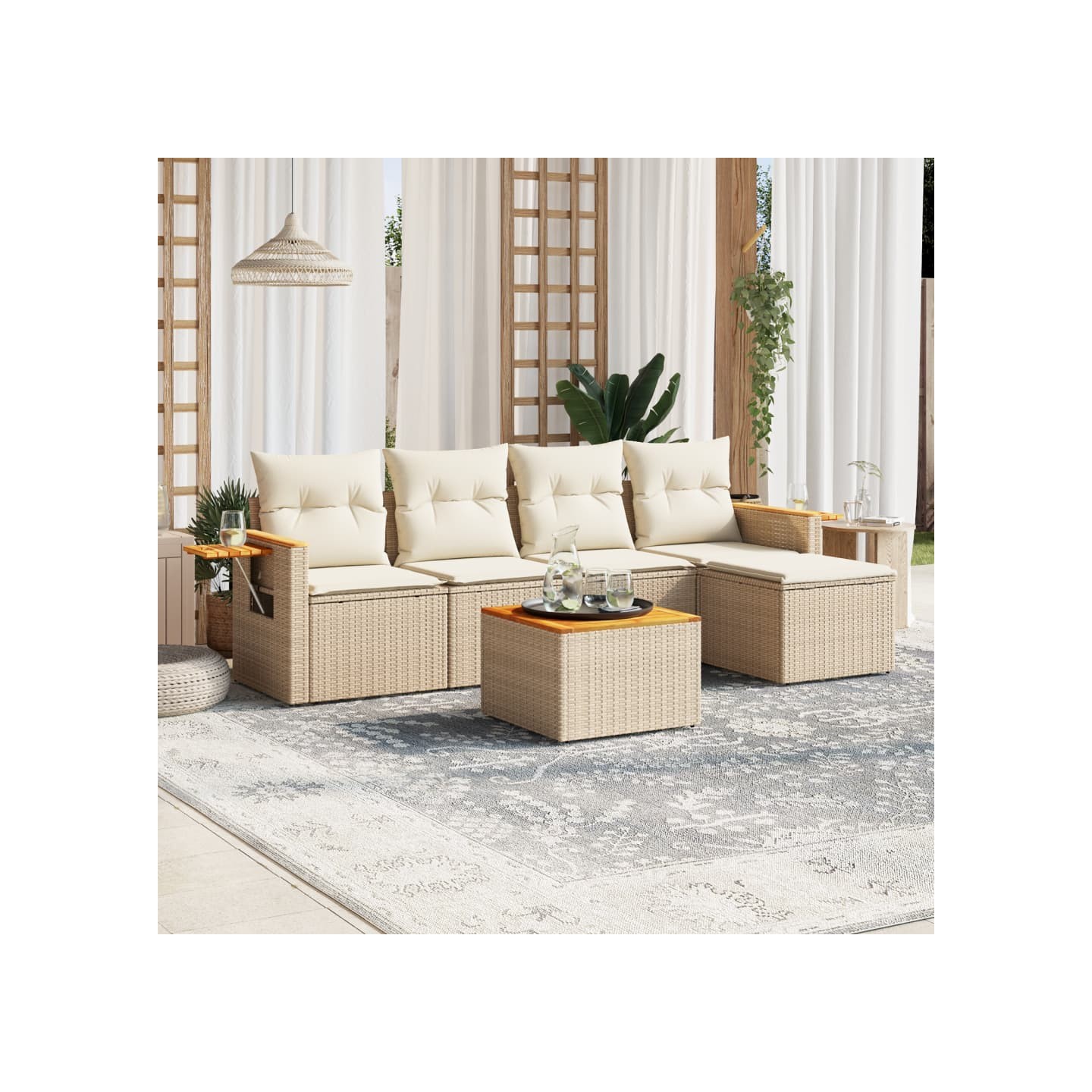 Salon de jardin avec coussins 6 pcs beige résine tressée