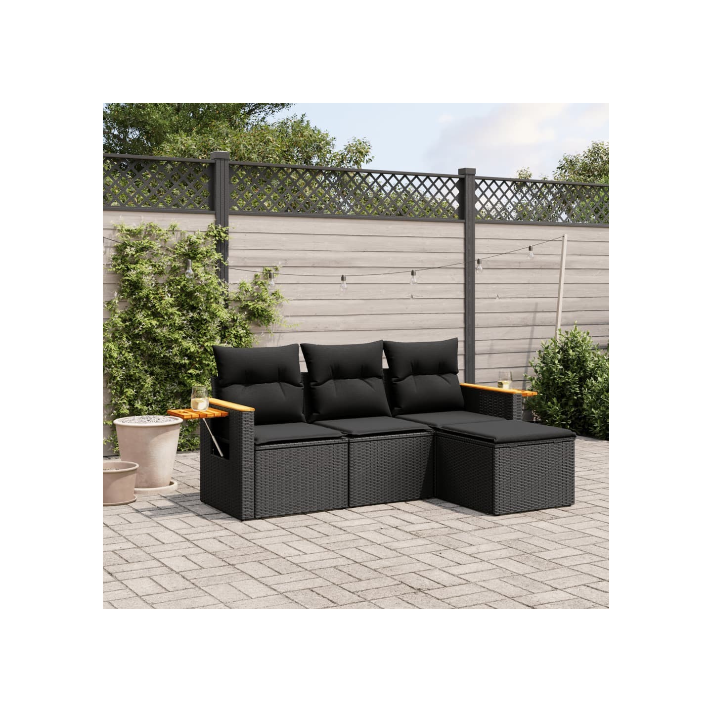 Salon de jardin 4 pcs avec coussins noir résine tressée