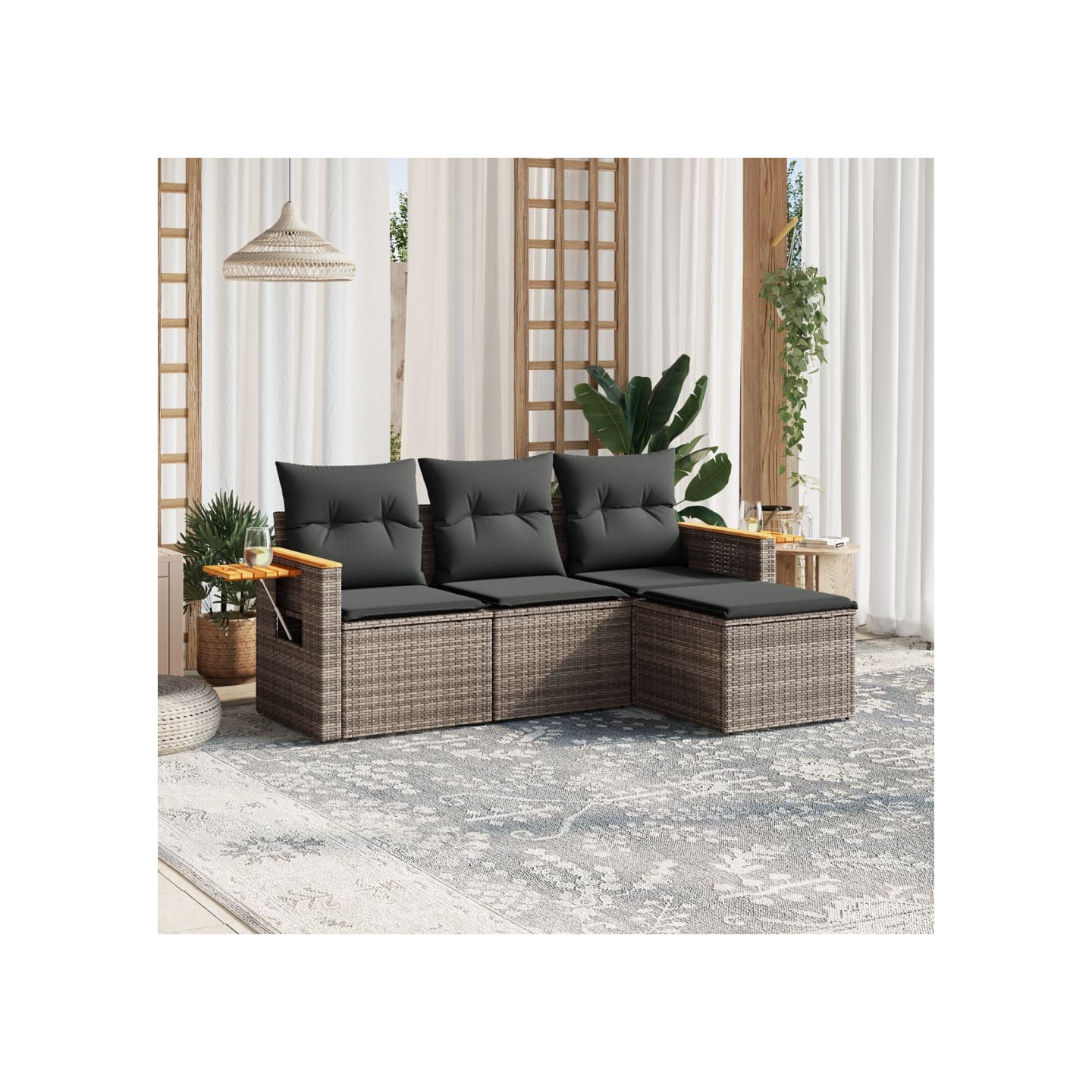 Salon de jardin 4 pcs avec coussins gris résine tressée