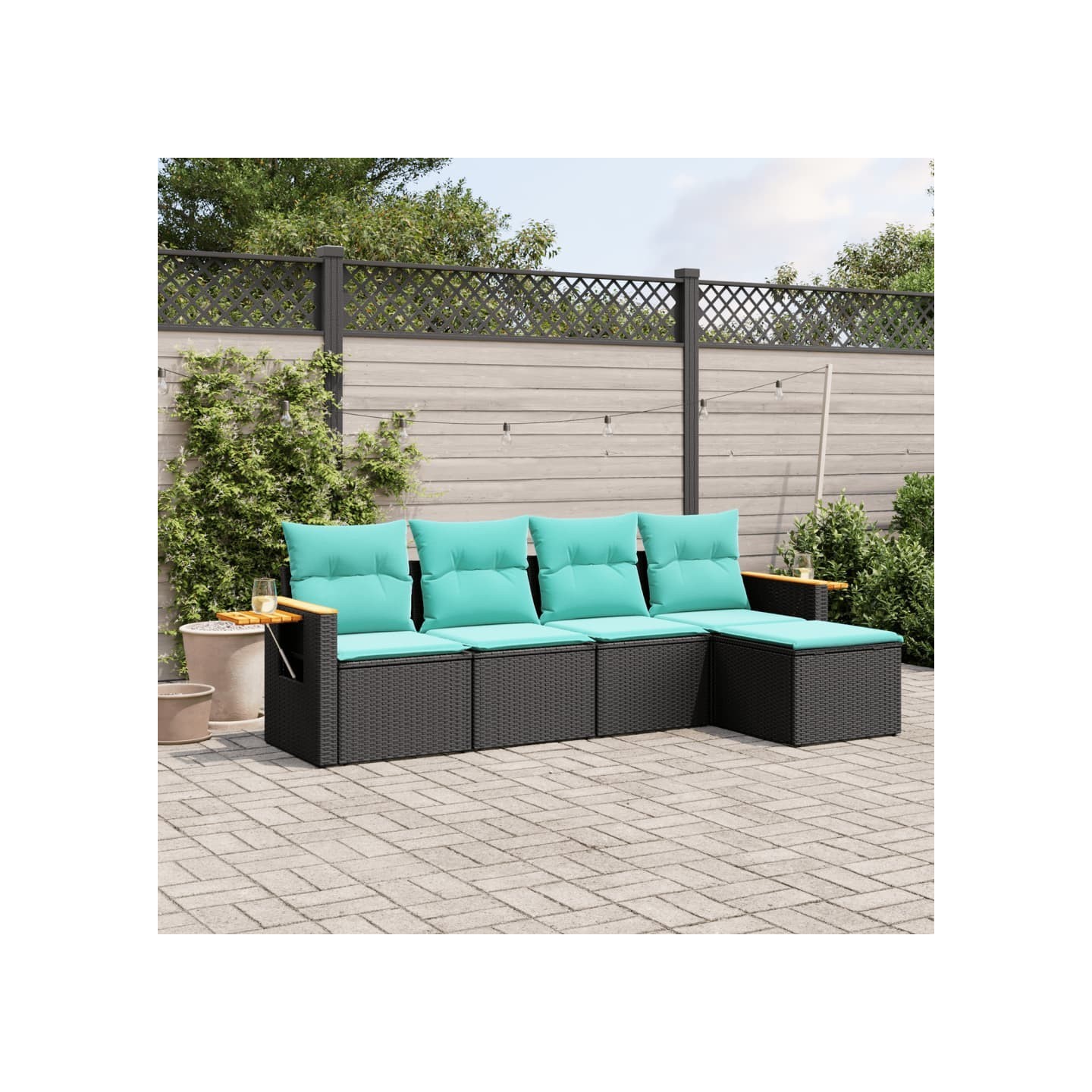 Salon de jardin 5 pcs avec coussins noir résine tressée