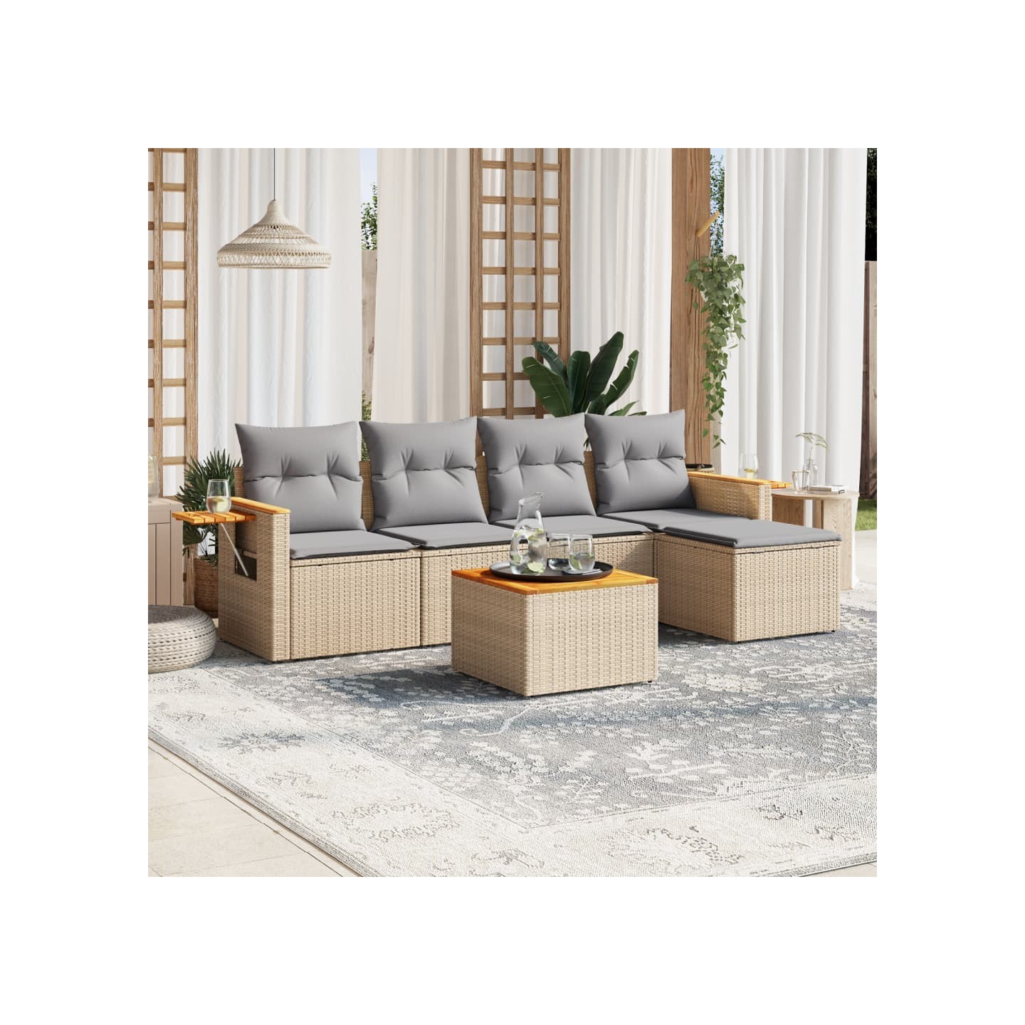 Salon de jardin avec coussins 6 pcs beige résine tressée