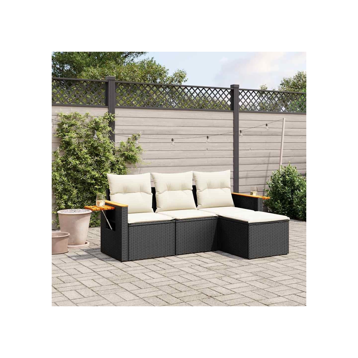 Salon de jardin 4 pcs avec coussins noir résine tressée