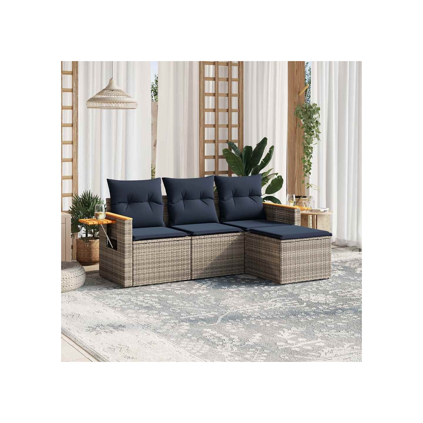 Salon de jardin 4 pcs avec coussins gris résine tressée