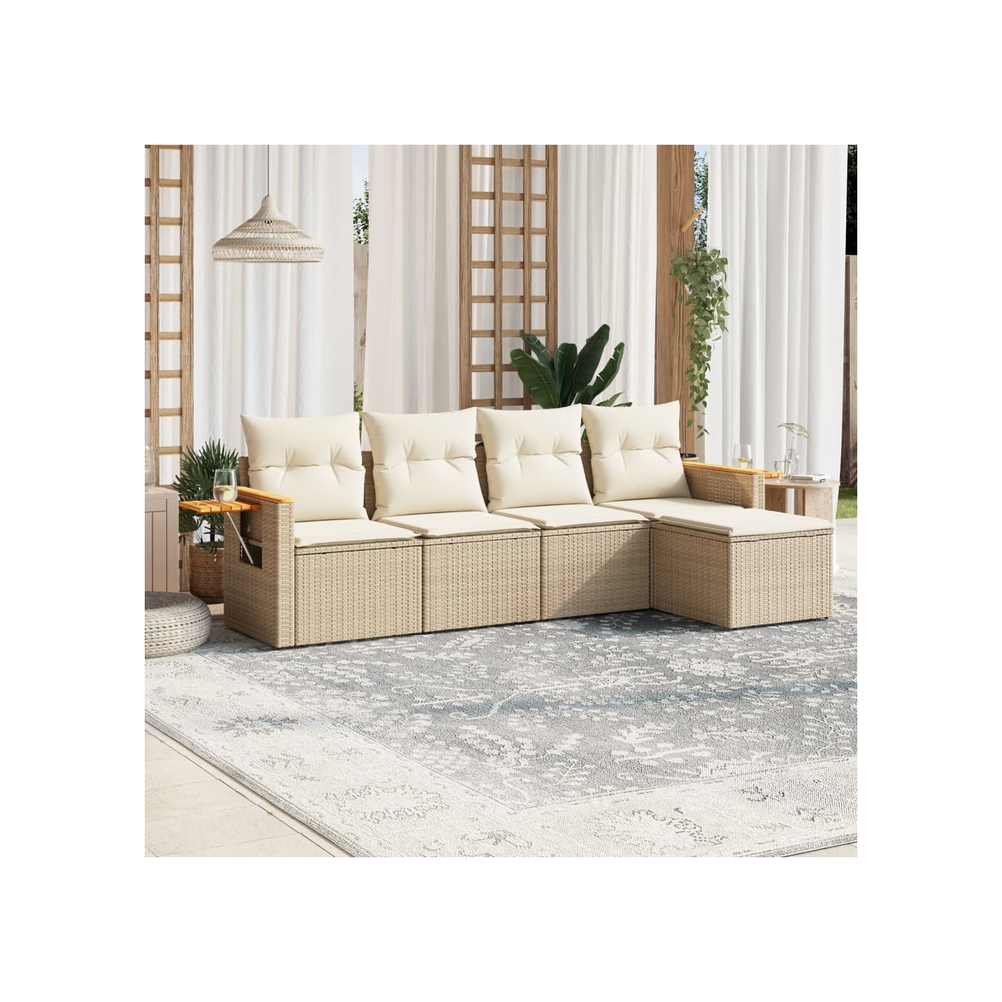 Salon de jardin avec coussins 5 pcs beige résine tressée