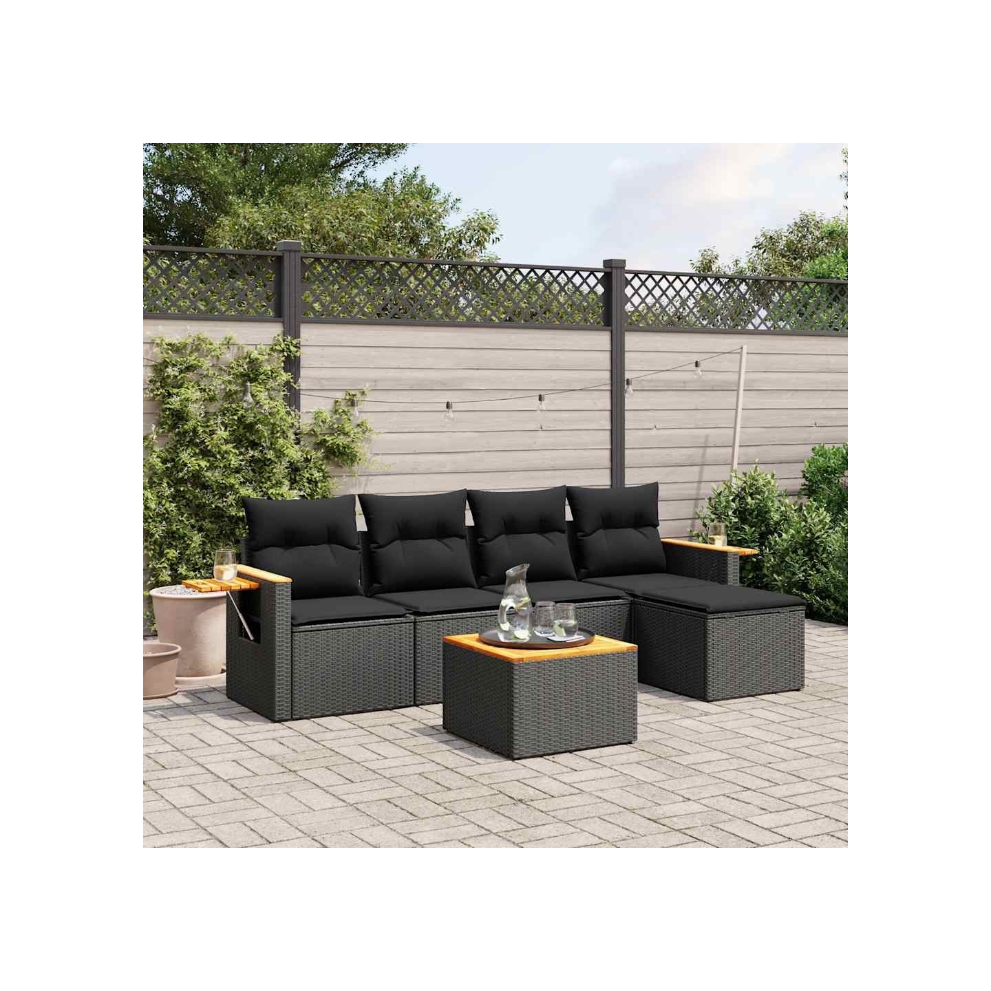 Salon de jardin 6 pcs avec coussins noir résine tressée