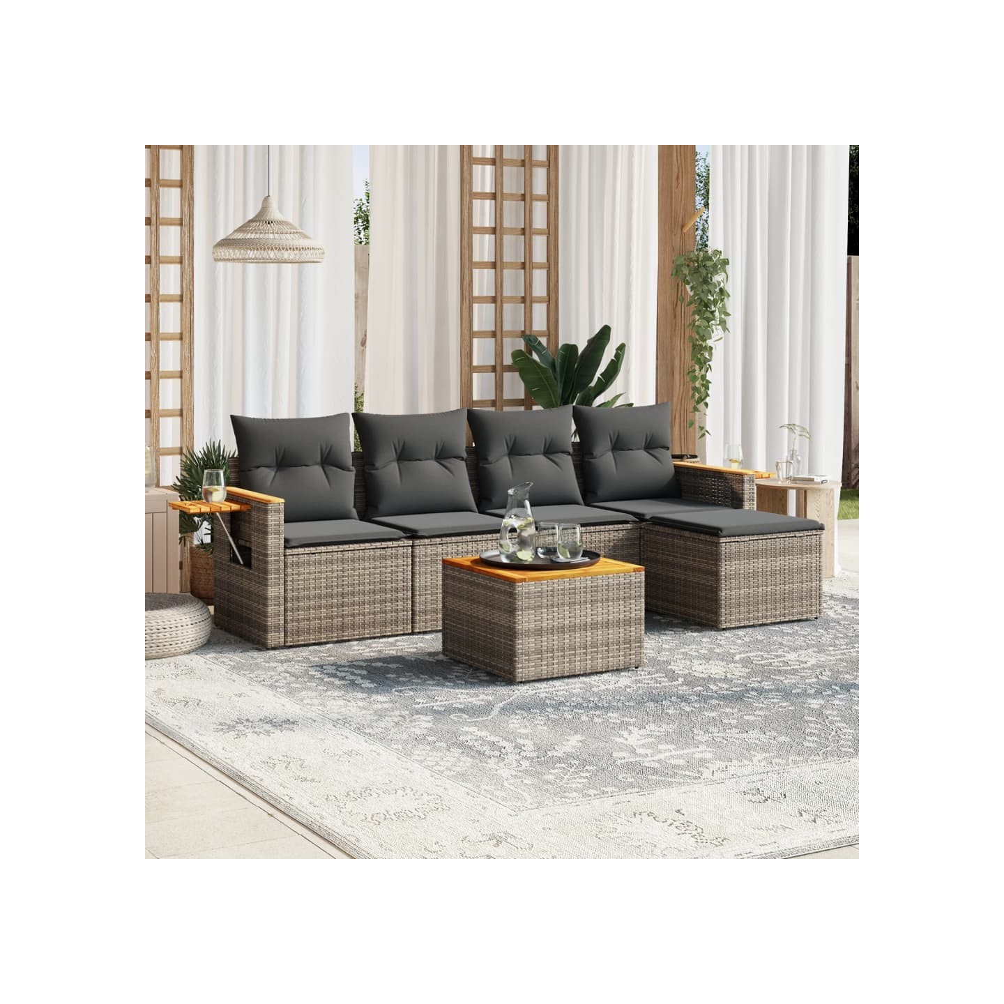 Salon de jardin 6 pcs avec coussins gris résine tressée