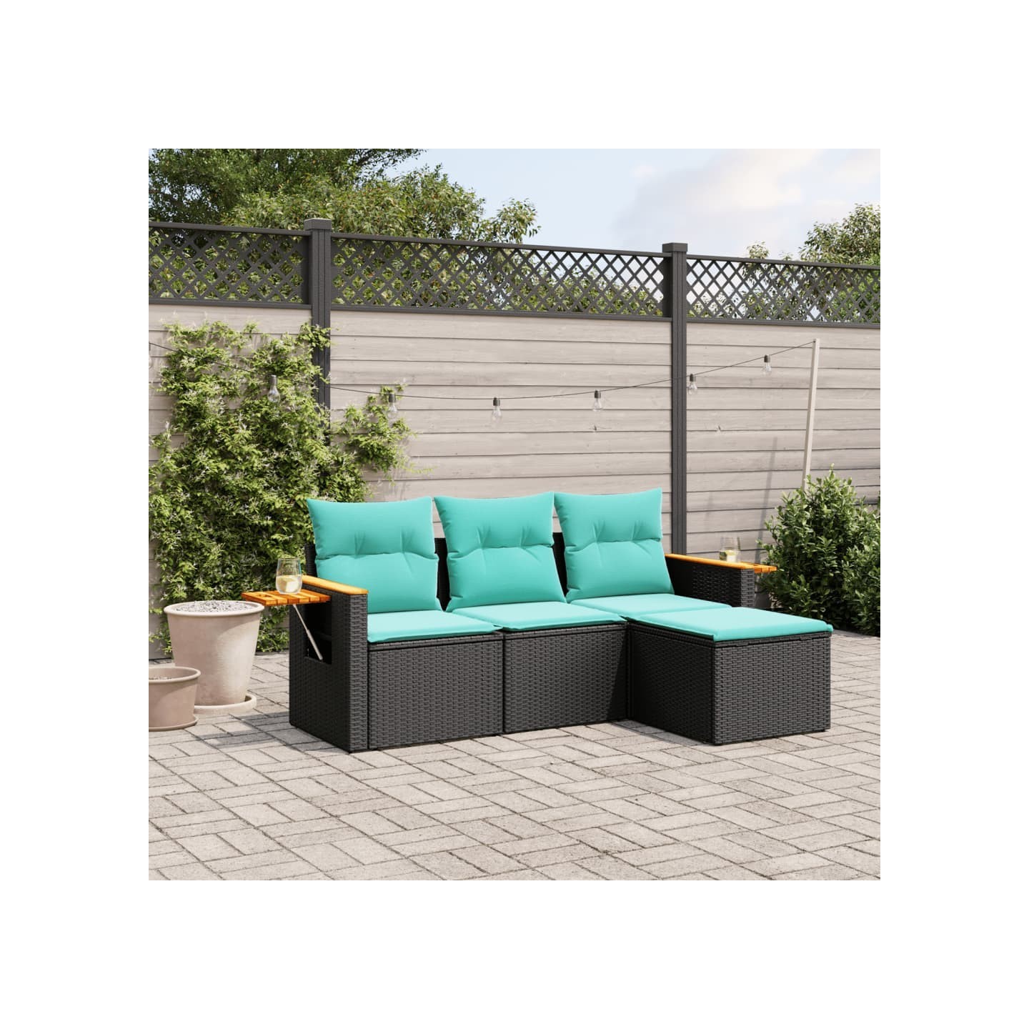 Salon de jardin 4 pcs avec coussins noir résine tressée