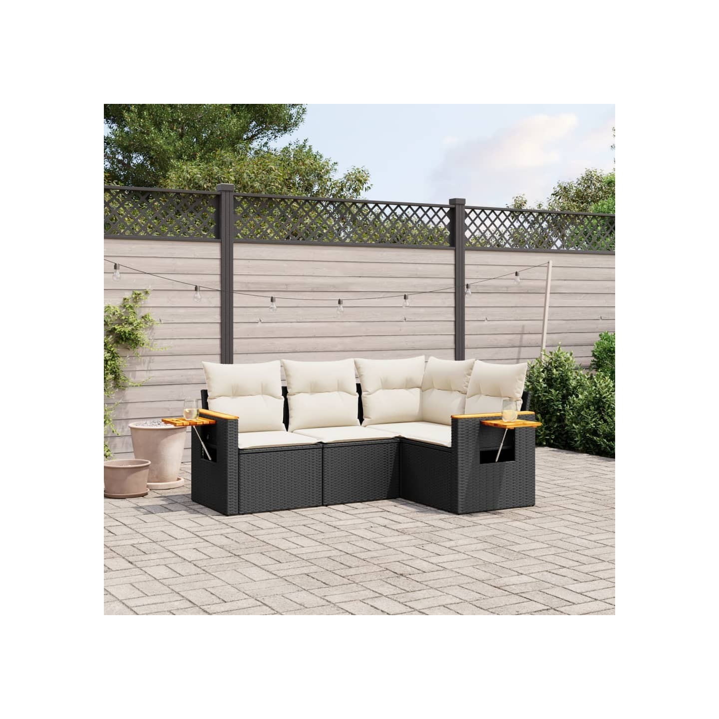 Salon de jardin 4 pcs avec coussins noir résine tressée