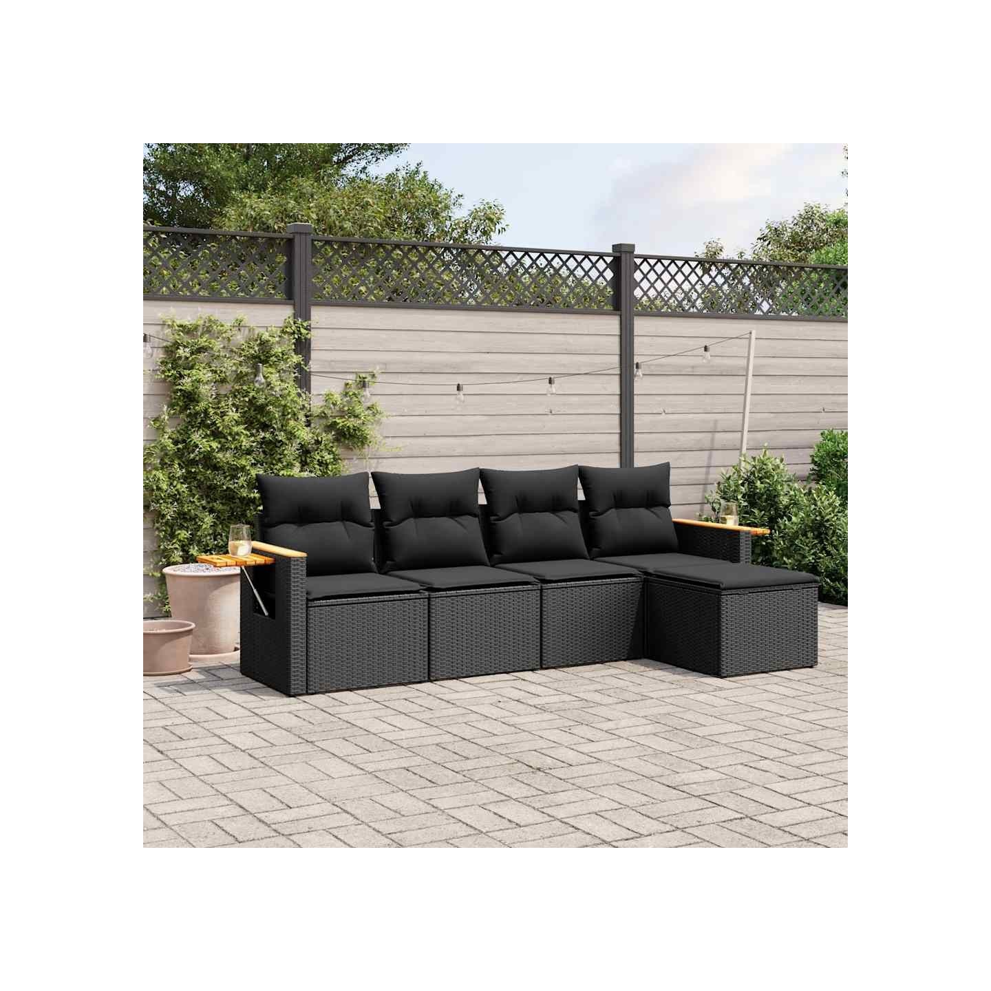 Salon de jardin 5 pcs avec coussins noir résine tressée