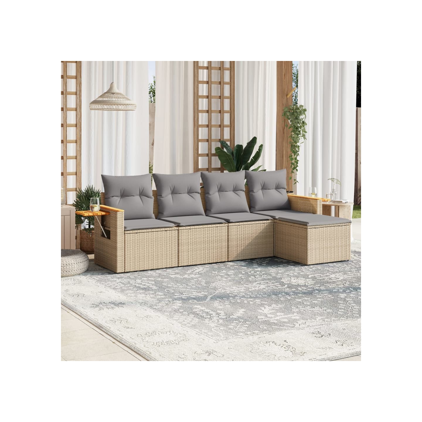 Salon de jardin avec coussins 5 pcs beige résine tressée